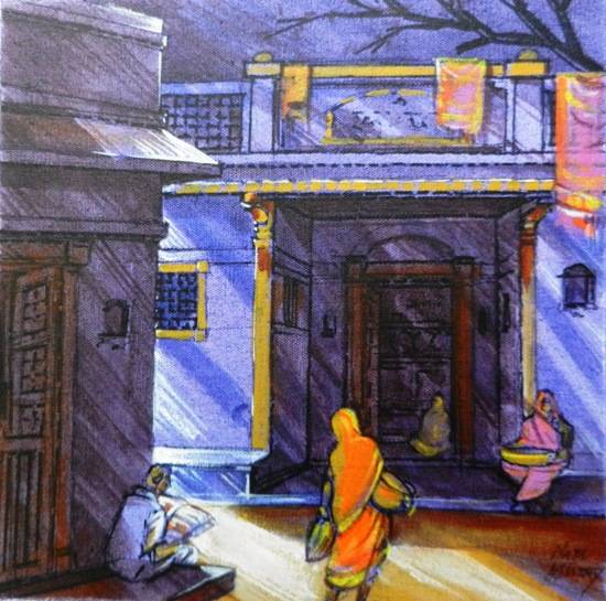 painting by Natubhai Mistry - Blue House -1