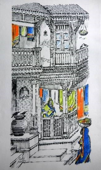House Corner, painting by Natubhai Mistry