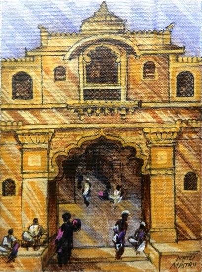 Mandir Gate, painting by Natubhai Mistry