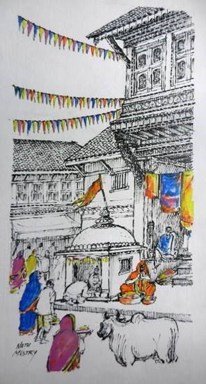 Street Mandir, painting by Natubhai Mistry
