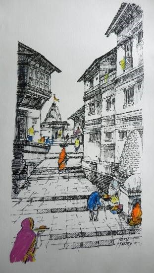 Street on Steps, painting by Natubhai Mistry