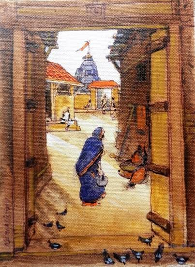 Street Mandir, painting by Natubhai Mistry