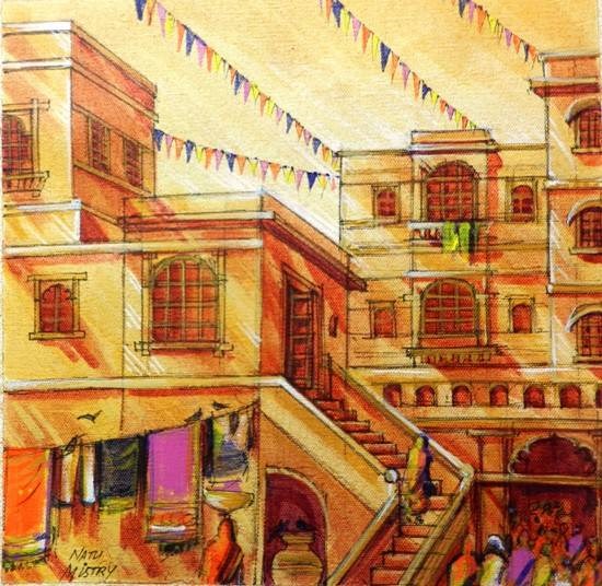 Step houses, painting by Natubhai Mistry