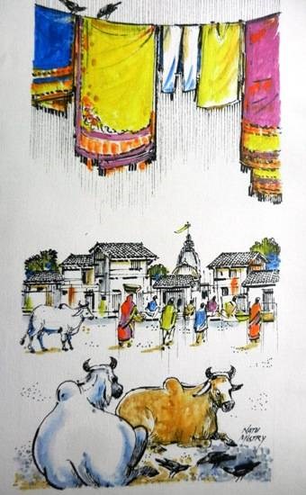 Village, painting by Natubhai Mistry