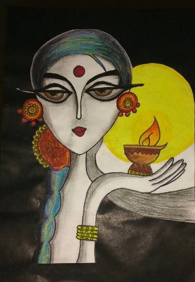 Diya, painting by Arushi Deepak Nisal