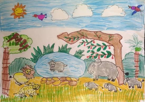 Animals kingdom in forest, painting by Hanshal Banawar