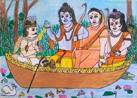 Rama crossing the river Ganga during Vanvasa, painting by Hanshal Banawar