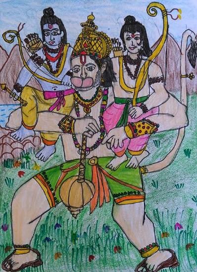 Hanuman carrying Ram and Lakshman, painting by Hanshal Banawar