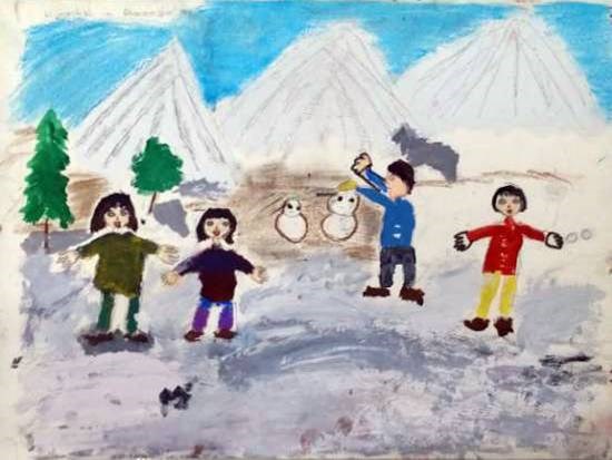 Children playing in the snow, painting by Aashvi Ashutosh Karle