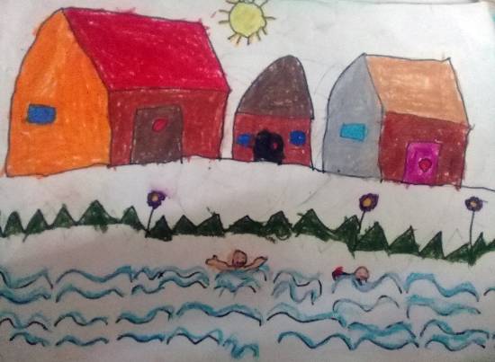 Painting  by Heet Bagrecha - Children enjoying in water