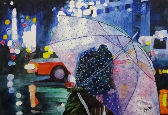 A girl with umbrella on street at night...., painting by Pankti Jain