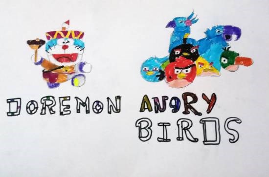 Doraemon and Angry bird, painting by Dhaval Mawal