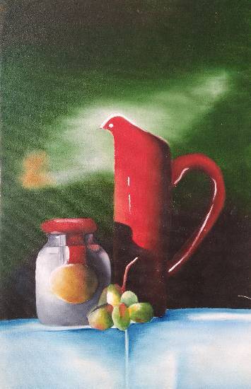 Painting  by Manas Chawla - A Red Jar with Grapes