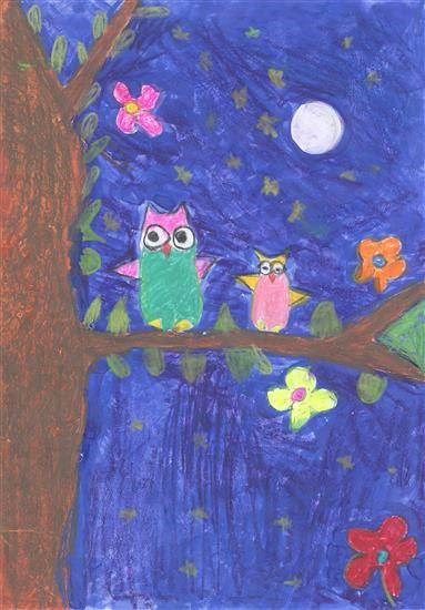 Owls at night, painting by Amelia Ajith John