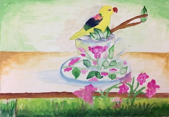 Bird on a Tea Cup, painting by Gargei Rahul Lavekar