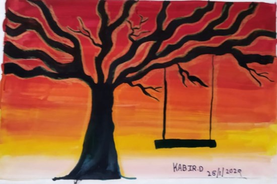 Swing on a  tree, painting by Kabir Kedar Deshpande