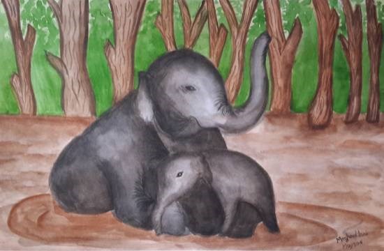 Mother & Baby Elephants in Forests, painting by Meghna Unnikrishnan