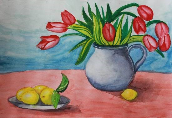 Flowers Fruit Stilllife, painting by Meghna Unnikrishnan
