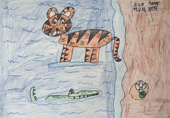 Sonam the tiger and mommy alligator, painting by Aarav Shetty