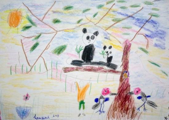 Pandas and Little Birdies, painting by Hamsini Aswin