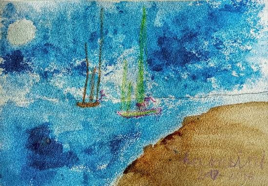 Moonlit sea, painting by Hamsini Aswin
