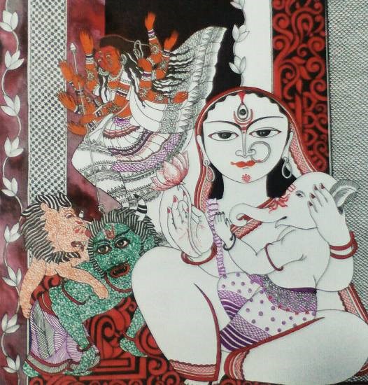 Durga with Ganesha, painting by Abhisek Ghosh