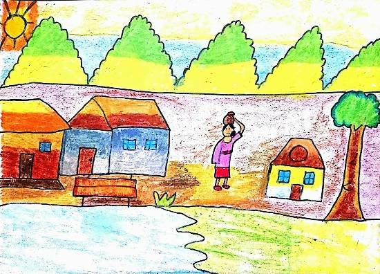 Painting  by Sargun Maini - Village Scene
