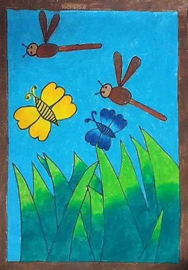Insects on grass, painting by Sohan Raghavendra Edke