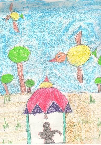 Temple near river, painting by Swanandi Ananda Babrekar