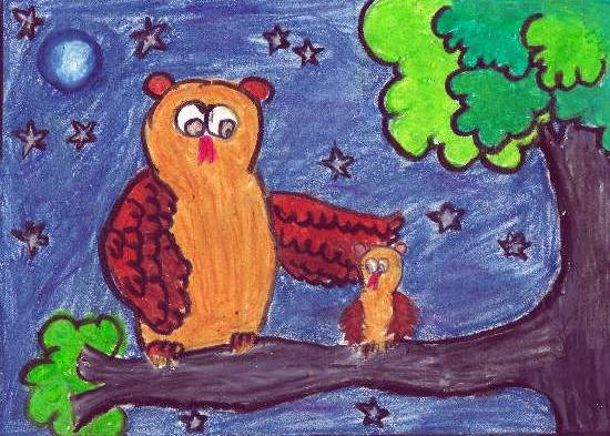 Baby Owl and Mother, painting by Swanandi Ananda Babrekar