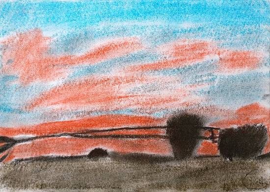 sunset landscape painting by Neil Gaur - medal winner in Khula Aasmaan painting competition