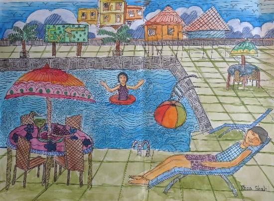 Brunch by the poolside, painting by Rhea Parag Shah