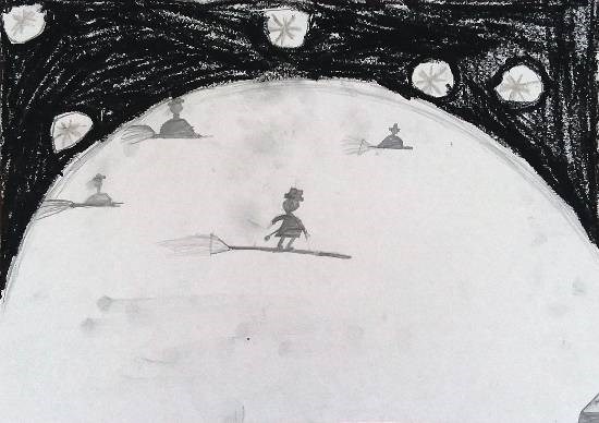 Witches descending from the moon, painting by Anay Gupta