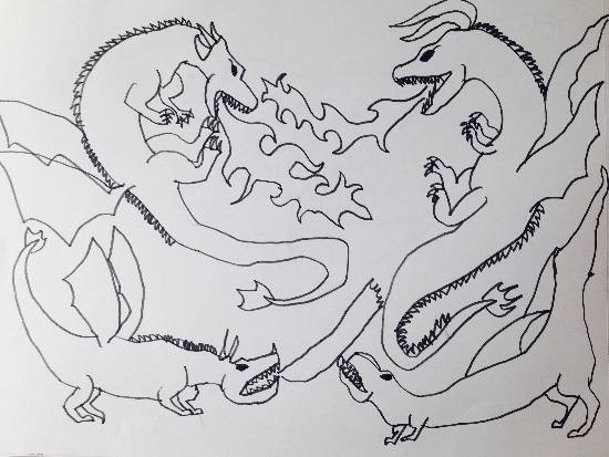 Painting  by Siddharth Basuray - Fighting Dragons Sketch