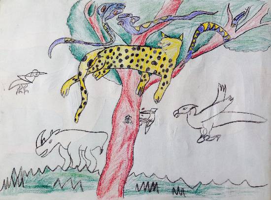 Painting  by Siddharth Basuray - Leopard on tree