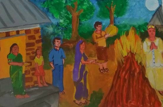 Holika Dahan, painting by Soumyashis Debashis Sarkar