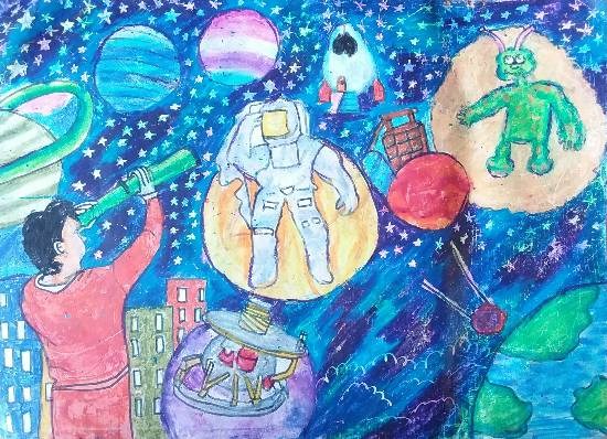 My outer space journey, painting by Aryan Mehta