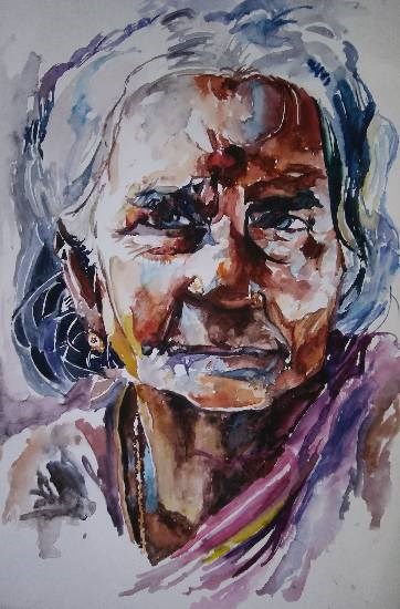 Old tribal woman, painting by Vibhuti Pravin Tharali