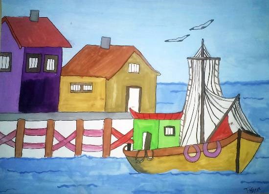 Ship on Harbour, painting by Tanmay Sameer Karve