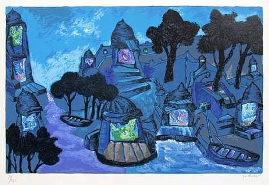 Banaras in Moonlight, painting by Manu Parekh