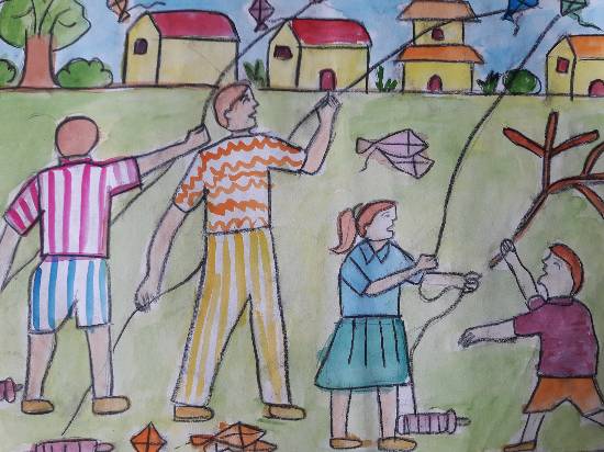 Painting  by Aastha Mahesh Surve - Kite Flying
