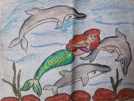 Painting  by Aastha Mahesh Surve - Mermaid and dolphins