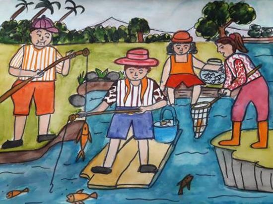 A fishing day, painting by Aastha Mahesh Surve