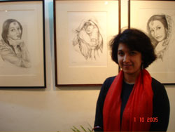 Artists Niloufer Wadia with her paintings