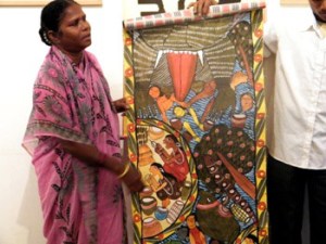 Karuna Chitrakar explaining about her painting on Tsunami