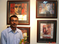 Artist Aniruddha Chaudhuri with his Paintings