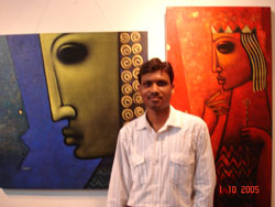 Artist Sanjay Bhalerao with his Paintings