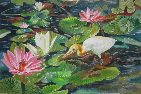 New addition to Indiaart.com - Lotus with floating bird, Painting by Poonam Juvale