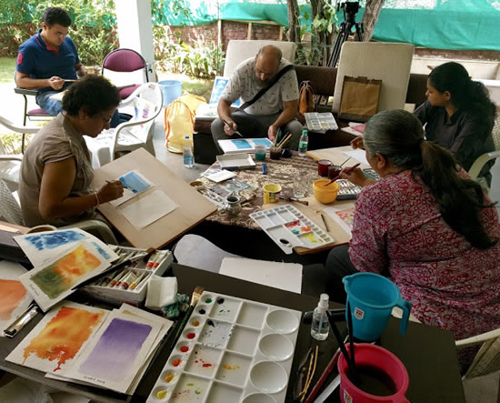 Watercolour Painting Workshop at Indiaart Gallery, Pune - Participants working