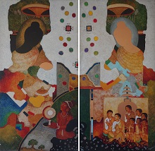 Ajanta Abstract I & II, painting by Vijay Kulkarni, Acrylic on Canvas, 72 x 36 inches (set of 2)